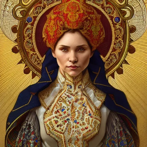 Image similar to a portrait of a putin, upper half portrait, decorated with russian motifs, traditional russia, intricate, elegant, highly detailed, symmetry, headpiece, digital painting, artstation concept art smooth sharp focus, illustration, art by artgerm and greg rutkowski alphonse mucha 8 k