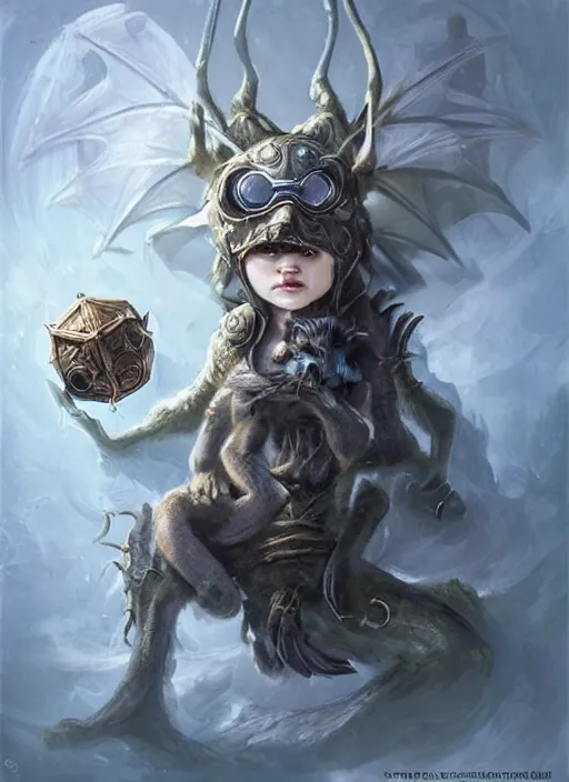 Image similar to cute little anthropomorphic pelicspider foreteller wearing dragonhell (goggles), tiny, small, miniature animal, baby animal, short, pale blue armor, cute and adorable, pretty, beautiful, DnD character art portrait, matte fantasy painting, DeviantArt Artstation, by Jason Felix by Steve Argyle by Tyler Jacobson by Peter Mohrbacher, cinematic lighting