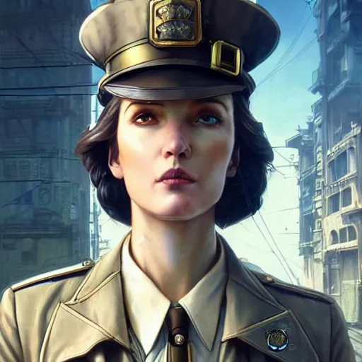 Image similar to A steampunk very detailed policewoman with highly detailed face on the street of a very highly detailed steampunk city art by Greg Rutkowski, neofuturistic highly detailed, digital concept art, Dimensional cyan gold natural light, sharp focus, Golden Ratio illustration, realistic concept art by Stephen Hickman and James Gurney and Hiromasa Ogura Ghost in the Shell rendered in Octane Render