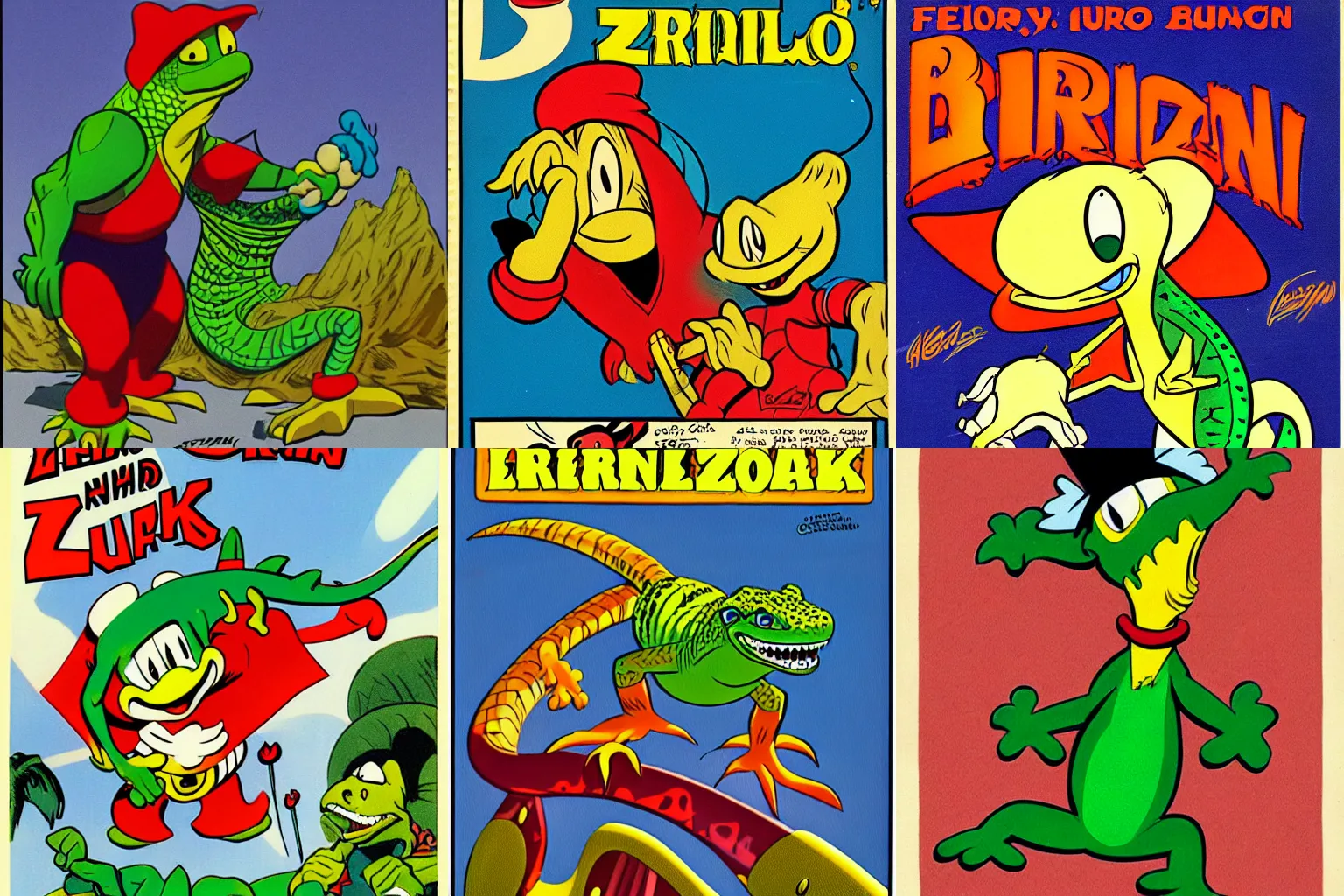 Prompt: friendly lizard, hero, character illustration, animation, art by carl barks.