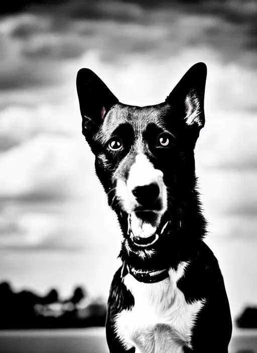 Prompt: dog black and white portrait white sky in background