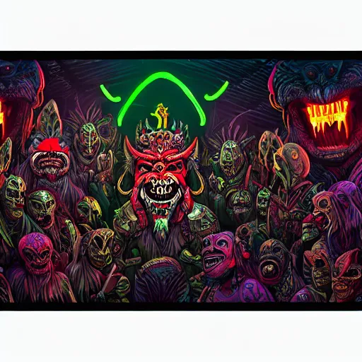 Image similar to barong family member, wiwek, bleeding fangs, crab claws, small horns, viking beard, mara demon, lizard tongue, one single tribe member, jungle, one single mask, dark neon sign lights, 8 0 s, ancient warrior, gorilla, tribals, art by dan mumford and justin gerard