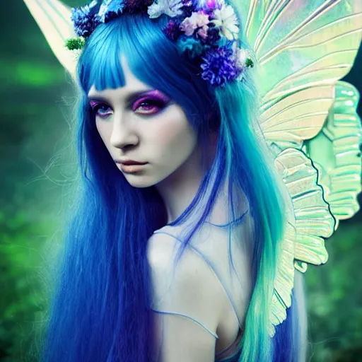 Prompt: portrait by bella kotak, high fashion model, beautiful fairy, translucent butterfly fairy wings, a forest clearing in the background, luminescent holographic colors, otherworldly, high fantasy art, soft glow, iridescent colors, ethereal aesthetic, intricate design, fae elements, detailed shiny blue hair, whimsical, atmospheric, photorealistic oil painting,