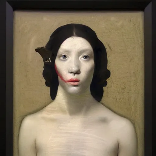 Prompt: A beautiful art installation of a human face with a bird's beak protruding from the forehead. Star Wars, pastel black by Jean Auguste Dominique Ingres energetic, earthy