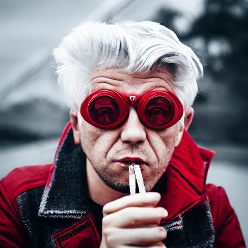 Prompt: young man in red jacket and white shirt, white hair, round goggles, smoking cigarette, character portrait, sharp focus, 4 k