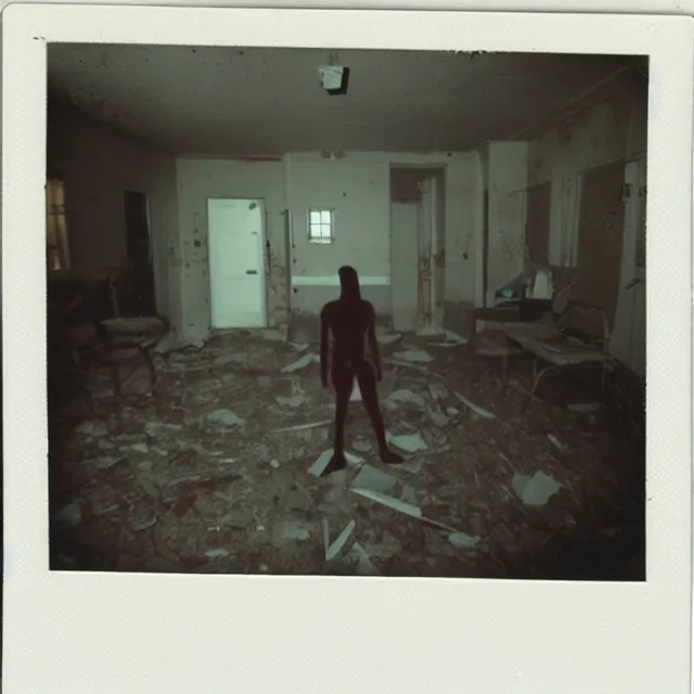 Image similar to found polaroid photo, flash, interior abandoned hospital, mutant creature standing