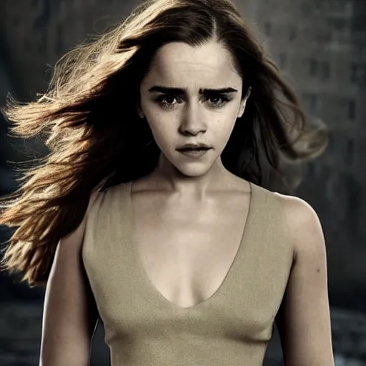 Image similar to a woman who is a genetic combination of emilia clarke and emma watson face and upper - body focus