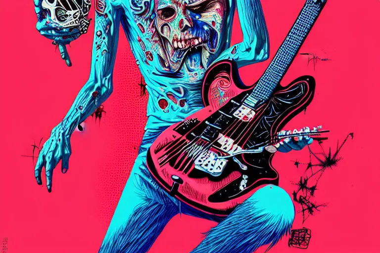 Image similar to risograph of a punk zombie playing guitar, tristan eaton, victo ngai, artgerm, rhads, ross draws, intricated details