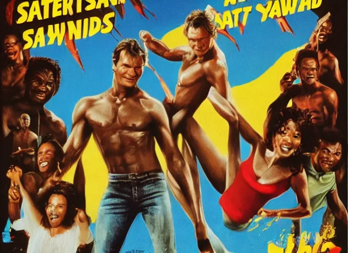 Image similar to Patrick Swayze, Ghanaian movie poster, romantic comedy, waterslide, Ninjas, highly detailed, HD, realism