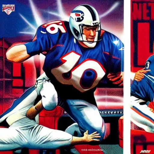 Image similar to comic book cover for'peyton manning vs coach belichick ', art by alex ross