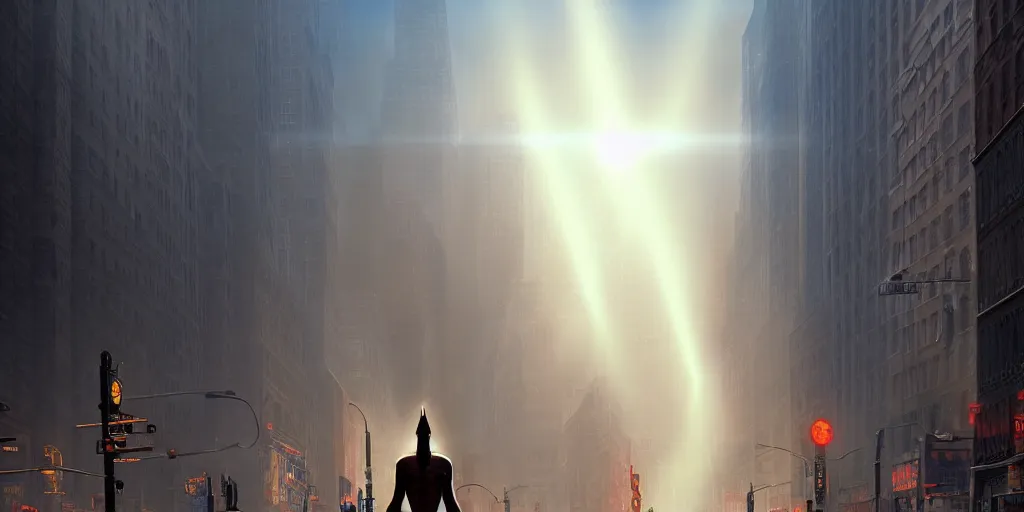 Image similar to an egyptian god walking the streets of new york, god rays, digital art, landscape, fantasy art, octane render, unreal engine, high detail, very realistic, by greg rutkowski. by james gurney