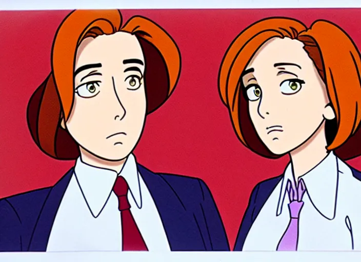 Image similar to dana scully, in the style of studio ghibli, traditional animation, sharp detail, animation cel