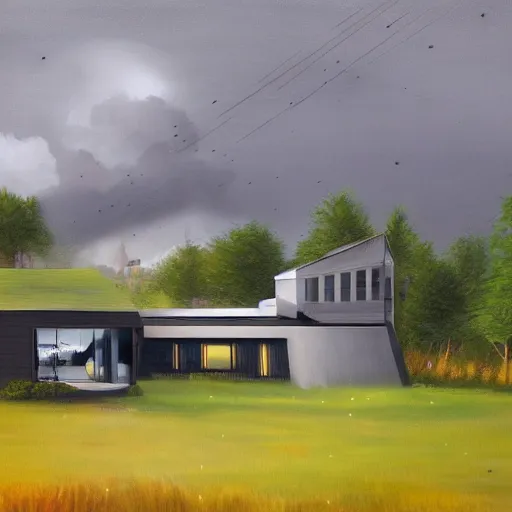 Prompt: exterior view of modern futuristic farm house architecture and barn, on a hill with a view overlooking the city, lightning in grey skies, detailed luminescent oil painting 4 k