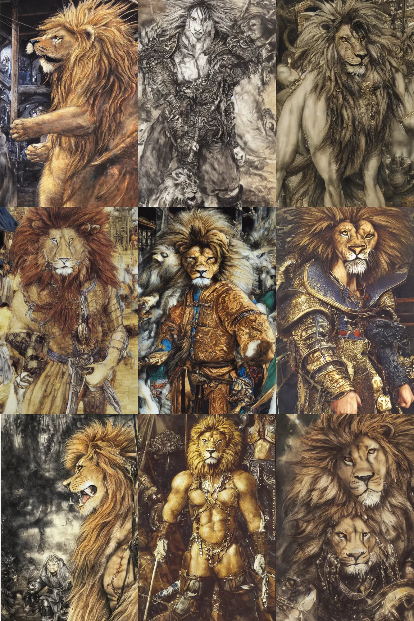 Image similar to 8 k yoshitaka amano painting of upper body of a young cool looking lion beastman with white mane at a medieval market at windy day. depth of field. he is wearing complex fantasy clothing. he has huge paws. renaissance style lighting.