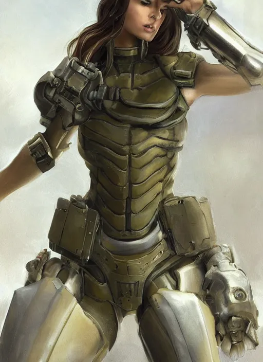 Image similar to a professionally painting of an attractive young girl, partially clothed in sci-fi military armor, olive skin, long dark hair, beautiful bone structure, perfectly proportioned, symmetrical facial features, intricate, elegant, heroic pose, digital painting, concept art, smooth, sharp focus, finely detailed, beautifully framed, from Metal Gear, in the style of Greg Rutkowski and William-Adolphe Bouguerea, trending on Artstation, award winning