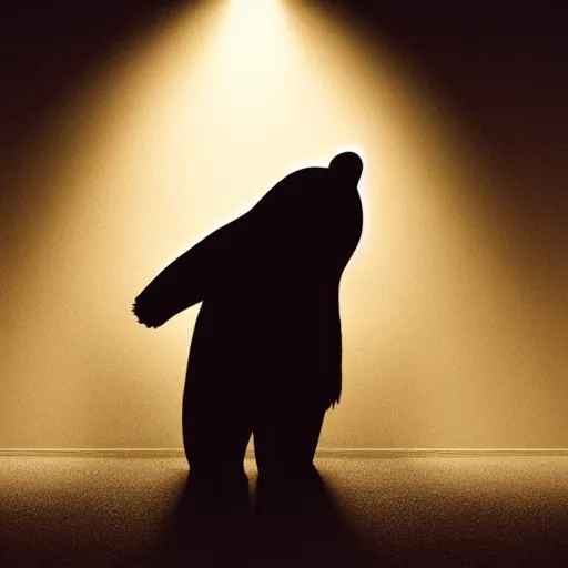 Image similar to dark photograph of a small bear character with a spotlight focused on him walking through a large wooden doorway
