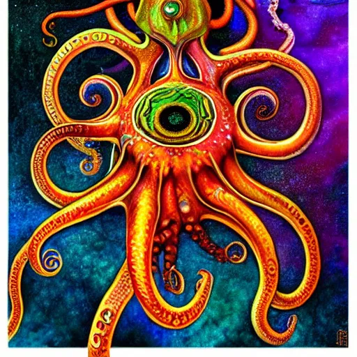 Prompt: fiery whimsical emotional eyes cephalopod with colorful bifrost tentacles, surreal painting by Ernst Haeckel, in a photorealistic macro photograph with shallow DOF, artstation