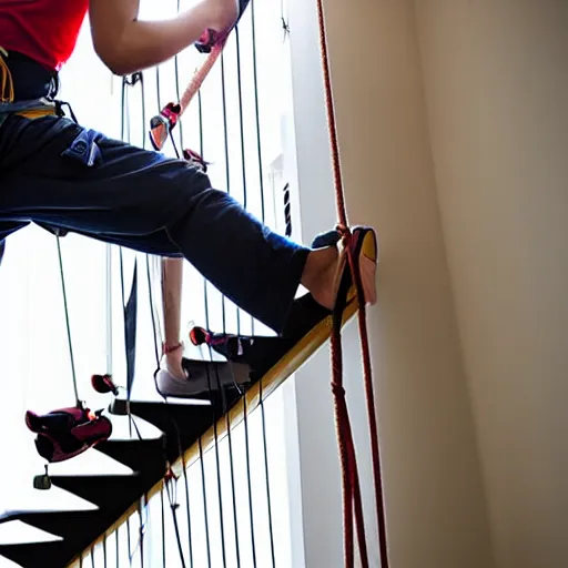 Image similar to A climbing expedition climbing the stairs of a regular apartment building. They are using ropes, pickaxes and other professional climbing gear in order to climb the stairs. Photograph, f/8, room lighting, indoor