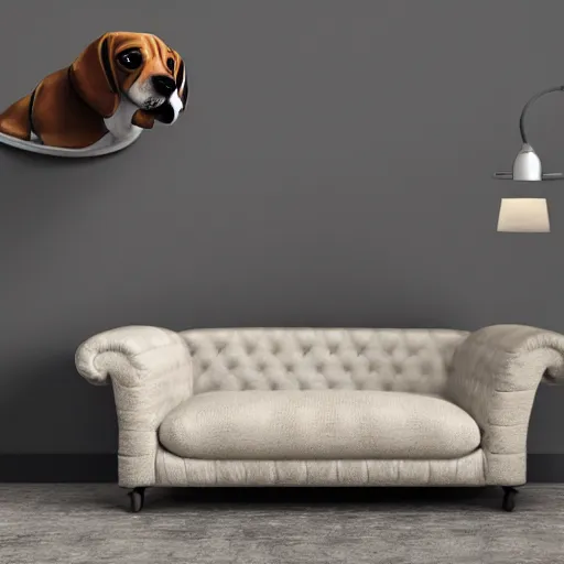 Image similar to a large lamp, shaped as a 3d beagle puppy head, placed in a large living room, art designers magazine HD photo superrealism 3d 8k resolution