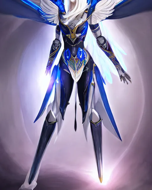 Image similar to perfect white haired attractive egyptian goddess with huge white dove wings, warframe armor, beautiful, symmetric, dreamy, half asian, pretty face, blue eyes, detailed, scifi platform, laboratory, experiment, 4 k, ultra realistic, epic lighting, android body, illuminated, cinematic, masterpiece, art by akihito tsukushi, voidstar