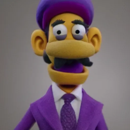 Prompt: A still of Waluigi as a Muppet, photorealistic