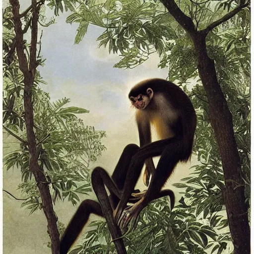 Image similar to spider monkey on a tree, by walton ford, audubon, haeckel, bouguereau