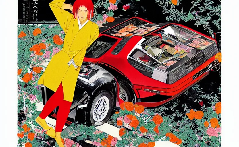 Image similar to a red delorean and a yellow tiger, colourful magazine collage, art by hsiao - ron cheng and utagawa kunisada