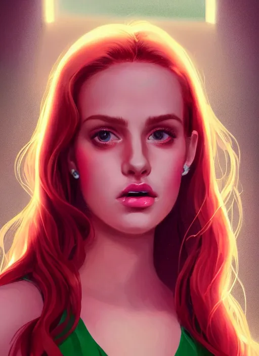 Image similar to full body portrait of teenage cheryl blossom, bangs, green eyes, sultry expression, red hair, sultry smirk, bangs and wavy hair, pink skirt, intricate, elegant, glowing lights, highly detailed, digital painting, artstation, concept art, smooth, sharp focus, illustration, art by wlop, mars ravelo and greg rutkowski