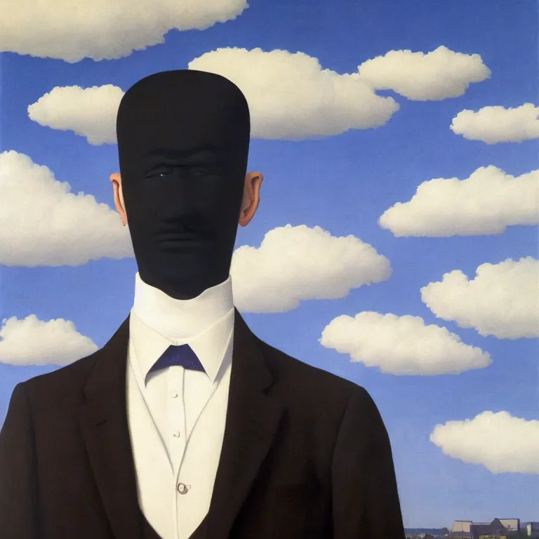 Image similar to portrait of a faceless shadow - head man in a suit, clouds in the background, by rene magritte, detailed painting, distance, middle centered, hd, hq, high resolution, high detail, 4 k, 8 k