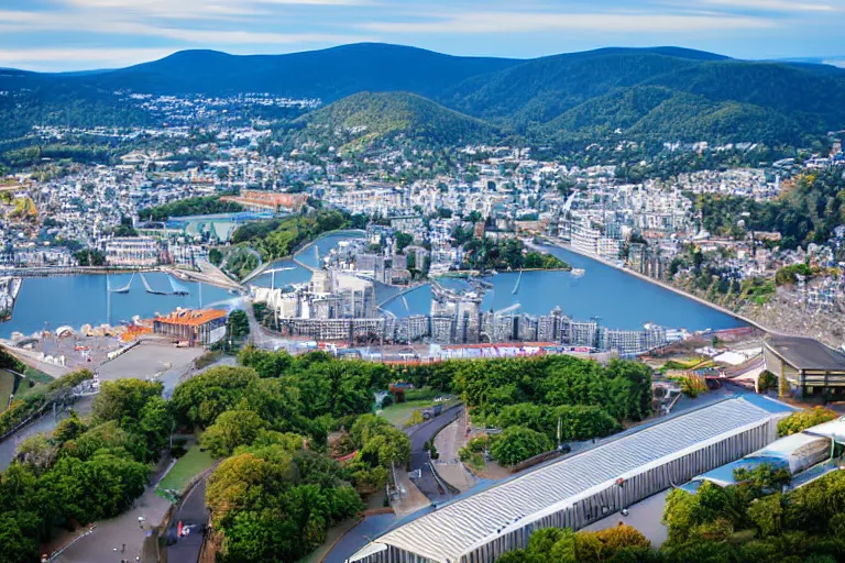 Image similar to bird's eye view photography of a small city. town hall, central farm, monorail station, beach and shipping dock. hills, woods and lake to the north.