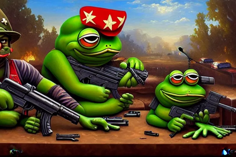 Image similar to portrait of sad pepe the frog and josef stalin with guns fighting a drug cartel, an oil painting by ross tran and thomas kincade