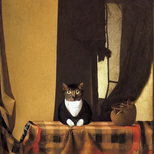 Image similar to portrait of a cat in a tuxedo by jan vermeer