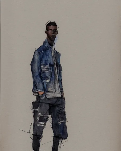 Prompt: rough watercolor sketch of a male model wearing a cropped baggy menswear moto jacket by alexander mcqueen, 4 k, astonishing detail, studio lighting, wide angle lens