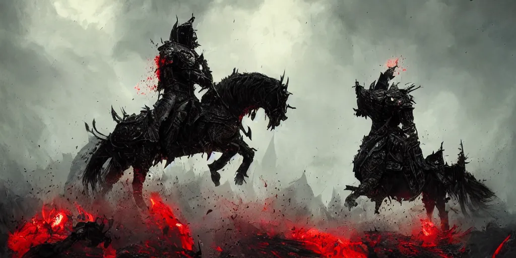 Image similar to a angry knight in full plate of black armor, splattered with blood, riding a large black war horse, with red glowing eyes flowing red mane and tail, blackened clouds cover sky, crackling with lightning, a castle in distance burns, concept art by greg rutkowski, craig mullins, todd mcfarlane,