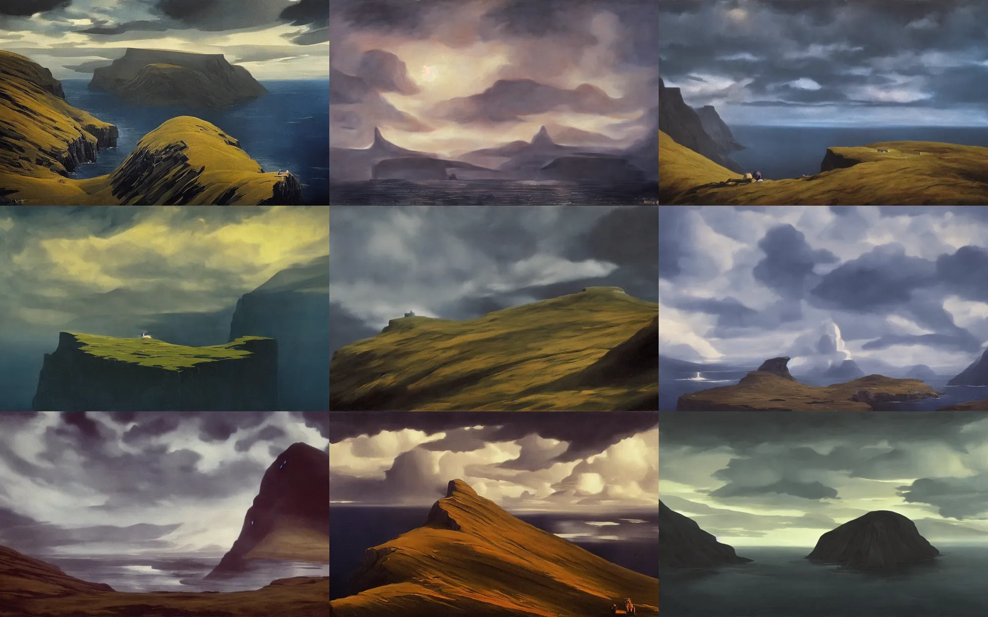 Prompt: epic composition, faroe island, cost, clouds, shot from danis villeneuve movie, roger deakins filming, nightfall, painting in the style of ed mell and william turner and Phil Buytendorp