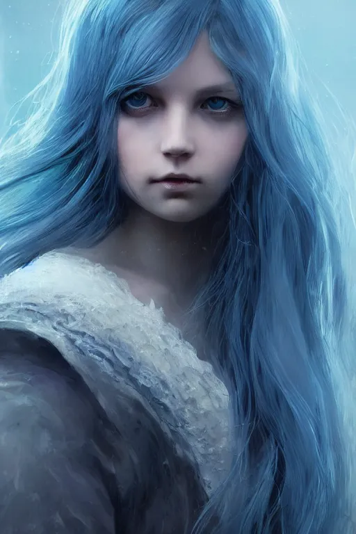 Image similar to a fancy portrait of a beautiful young girl with long blue hair and blue eyes by greg rutkowski, sung choi, mitchell mohrhauser, maciej kuciara, johnson ting, maxim verehin, peter konig, bloodborne, 8 k photorealistic, cinematic lighting, hd, high details, dramatic, dark atmosphere, trending on artstation