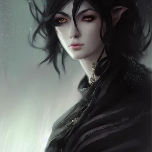 Image similar to a female shadowy elf in dark robes, black dress, wavy black bob hair bangs, dnd character art portrait, by ruan jia