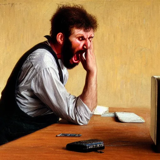 Image similar to an angry man yells at his computer monitor, oil on canvas, 1 8 8 3, highly detailed, high resolution