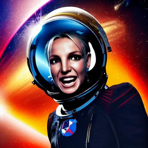 Image similar to of a dynamic movie poster of britney spears as a hero sci fi space cosmonaut holding a raygun in a nice action pose, there is an explosion on the background of a space station blowing britney's hair and lighting her with a rim light, she is laughing, f 2. 8, advertising studio lighting,