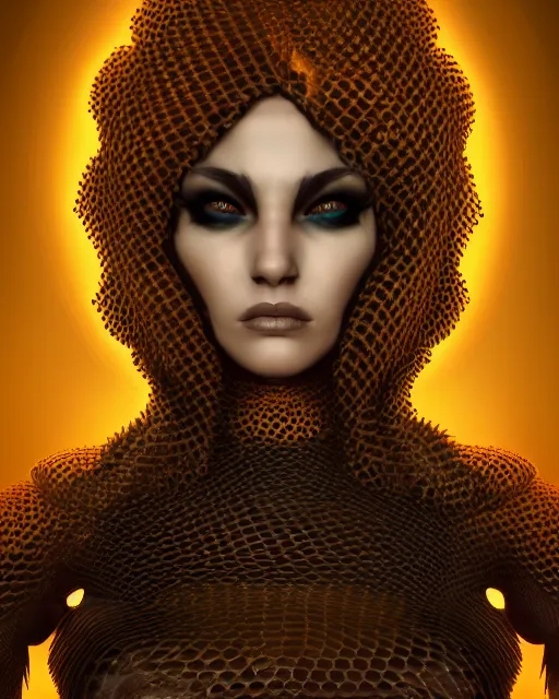 Prompt: headshot portrait of nightmare queen inspired by honeycomb beehives, detailed, textured, realistic, unreal engine, cgsociety, cinematic lighting, concept art