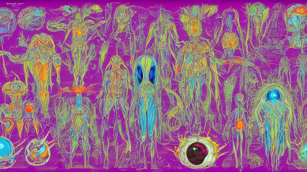 Image similar to colorful and vivid character sheet for an extraterrestrial with large bulbous head, religious robes, retrofuture, ernst haeckel, fantastic planet, moebius, valerian, coherent, illustration, digital art, trending on artstation, hd, 8 k, good lighting, beautiful, rough paper, masterpiece