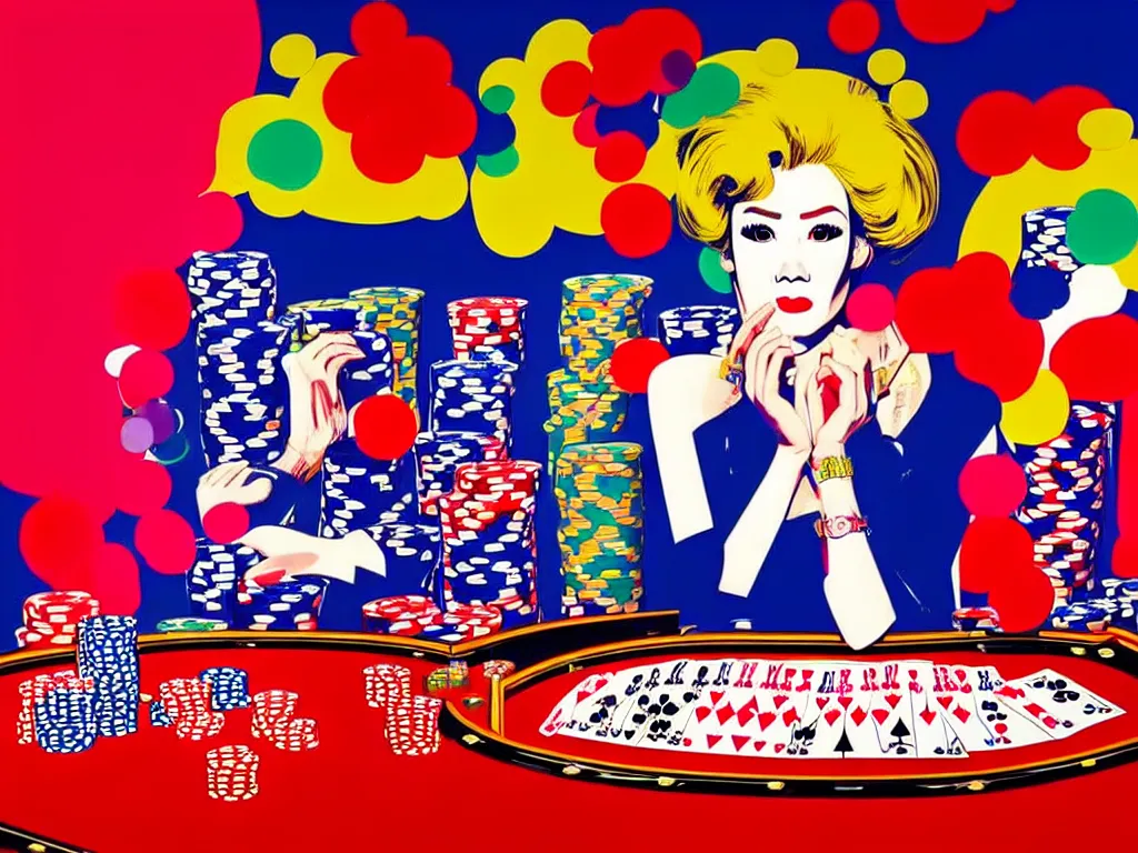 Image similar to hyper - realistic composition of a room in a casino with an extremely detailed poker table, croupier in kimono standing nearby fireworks in the background, pop art style, jackie tsai style, andy warhol style, acrylic on canvas