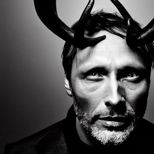 Prompt: black and white portrait of mads mikkelsen as a dark black skin toned demon with antlers, studio lighting