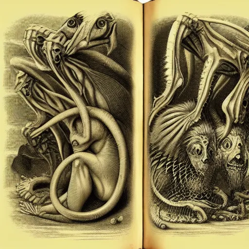 Image similar to bestiary of creatures from the depths of the unconscious psyche