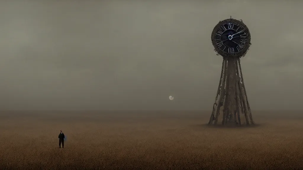 Prompt: the giant clock tells me when to die by Zdzisław Beksiński, film still, cinematic, 8k