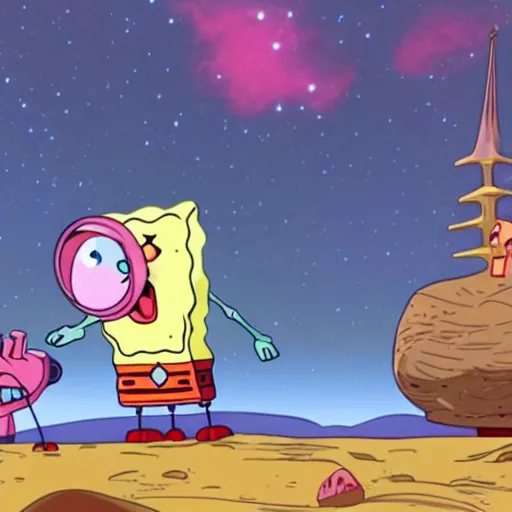 Prompt: spongebob in space crying on patrick