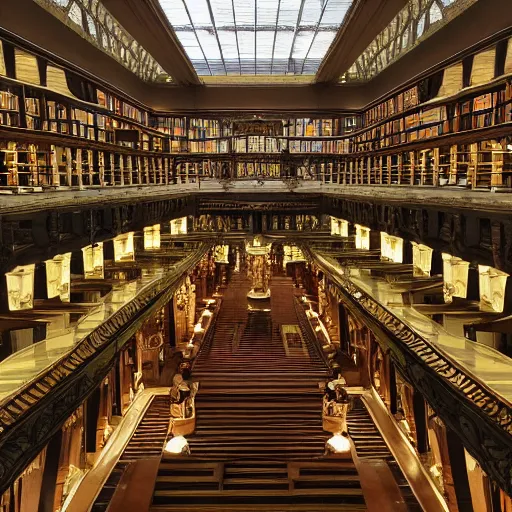 Prompt: a utopian infinitely large marbled library with tall pillars and bookshelves extending in every direction, architecture photograph, view from top floor looking down into the central lobby