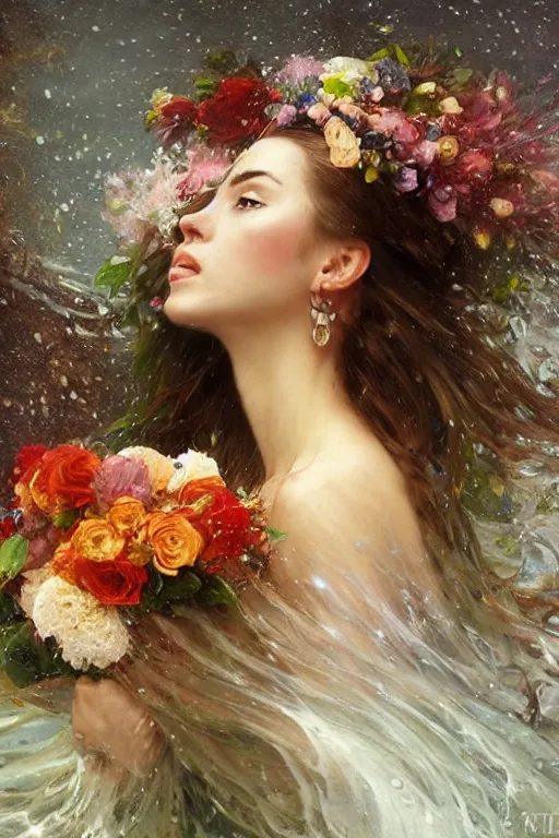 Image similar to portrait of a beautiful mysterious woman holding a bouquet of flowing flowers, wet dripping long hair, hands hidden under the bouquet, emerging from the water, fantasy, regal, intricate, by stanley artgerm lau, greg rutkowski, thomas kindkade, alphonse mucha, loish, norman rockwell