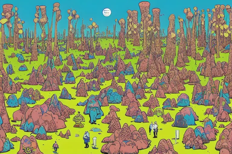 Prompt: surreal glimpse into other universe, inside a marshmallow forest in an ice cream valley, summer morning, very coherent and colorful high contrast, art by geof darrow, dark shadows, hard lighting