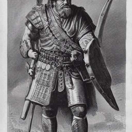 Prompt: a photograph of William Wallace with the following description, He was a tall man with the body of a giant, cheerful in appearance with agreeable features, broad-shouldered and big-boned, with belly in proportion and lengthy flanks, pleasing in appearance but with a wild look, broad in the hips, with strong arms and legs, a most spirited fighting-man, with all his limbs very strong and firm. 35mm 4k sharp focus